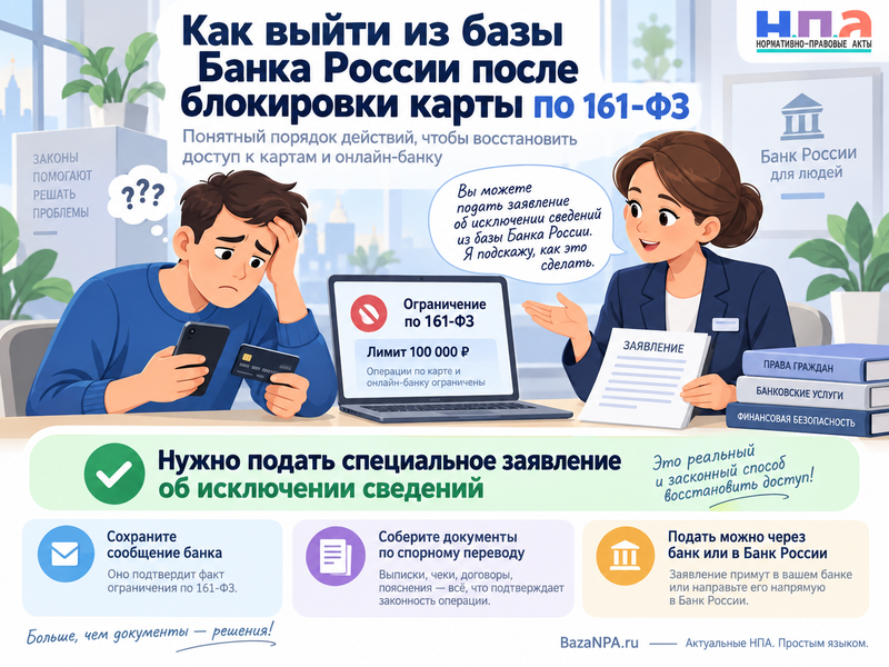 Как выйти из базы Банка России после блокировки карты по 161-ФЗ