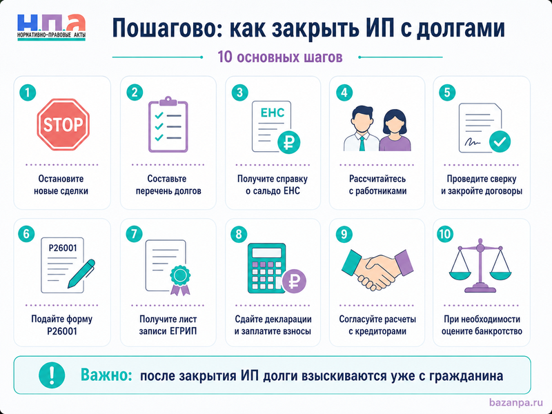 Как закрыть ИП с долгами по налогам, взносам и договорам