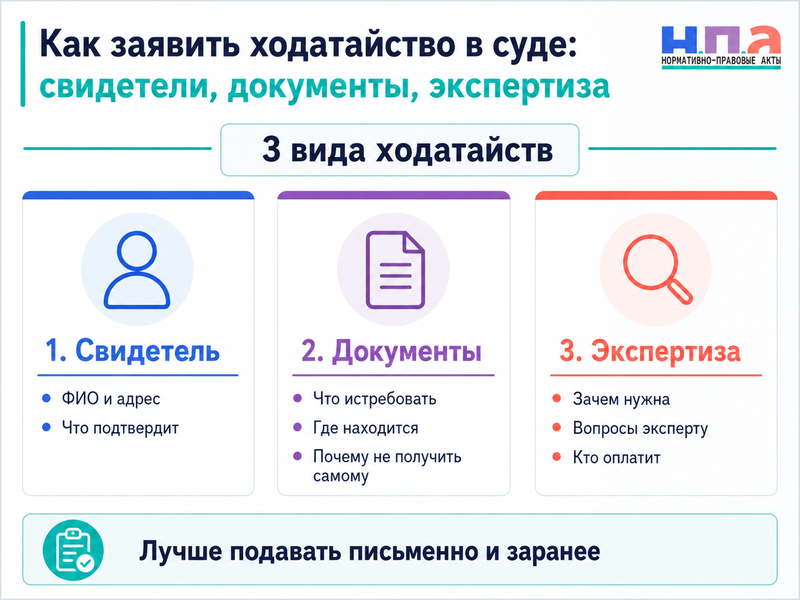 Как заявить ходатайство в суде свидетели, документы, экспертиза