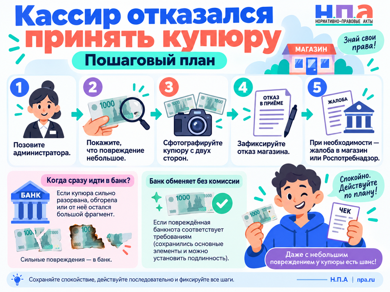 Какие повреждённые купюры обязан принять магазин