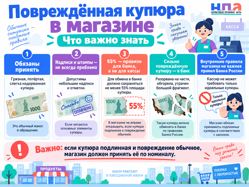 Какие повреждённые купюры обязан принять магазин