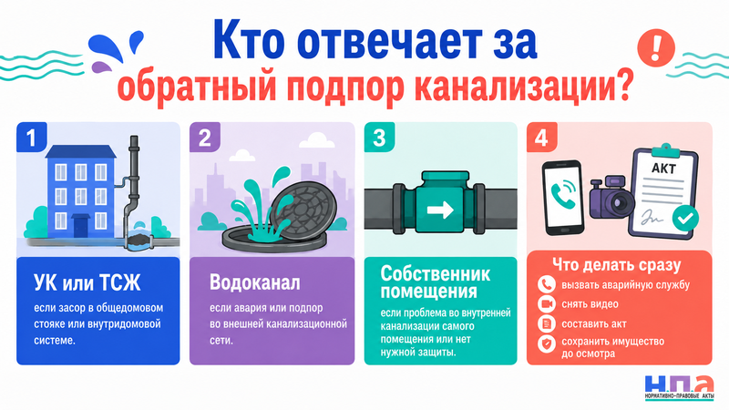 Канализация дала обратный подпор и затопила квартиру, подвал или коммерческое помещение сточными водами