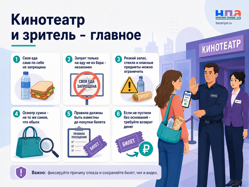 Кинотеатр запрещает проносить свою еду, требует показать сумку или не пускает зрителя с билетом