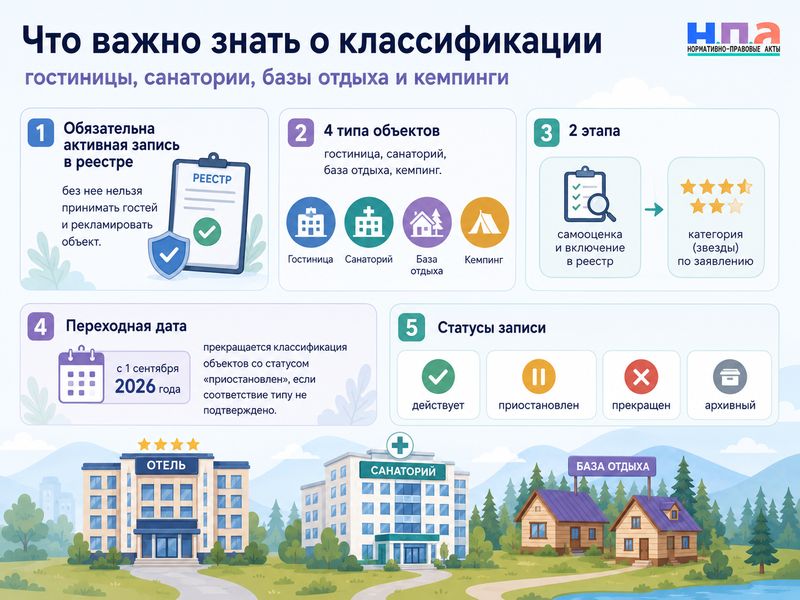 Классификация гостиниц, санаториев и баз отдыха с 1 сентября 2026 года: включение в реестр и причины отказа