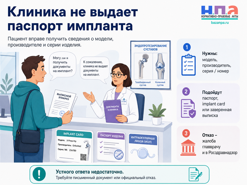Клиника не выдает паспорт импланта, эндопротеза, интраокулярной линзы или другого медицинского изделия