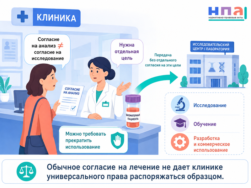 Клиника передала биоматериал пациента для исследования, обучения или коммерческой разработки без отдельного согласия