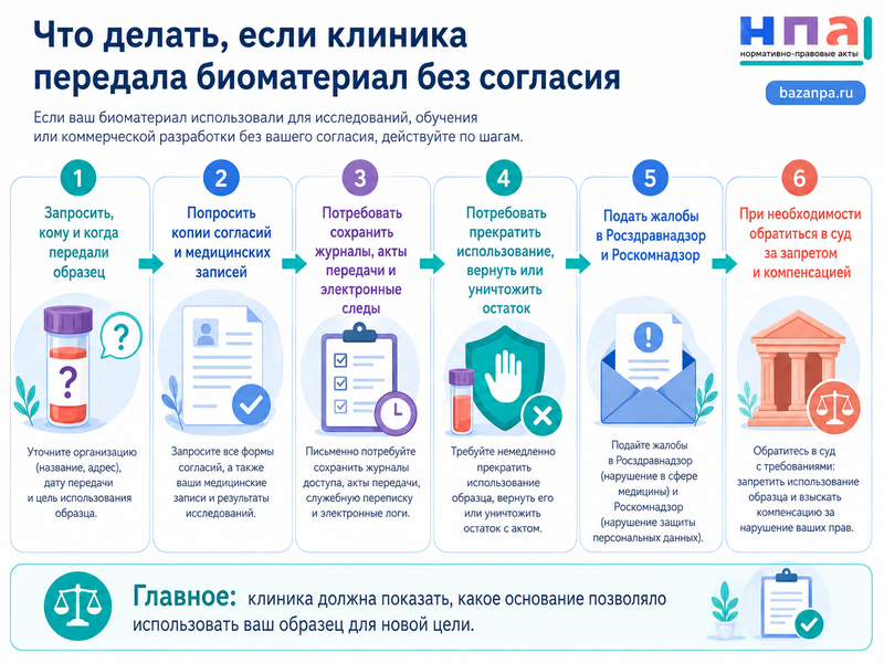 Клиника передала биоматериал пациента для исследования, обучения или коммерческой разработки без отдельного согласия
