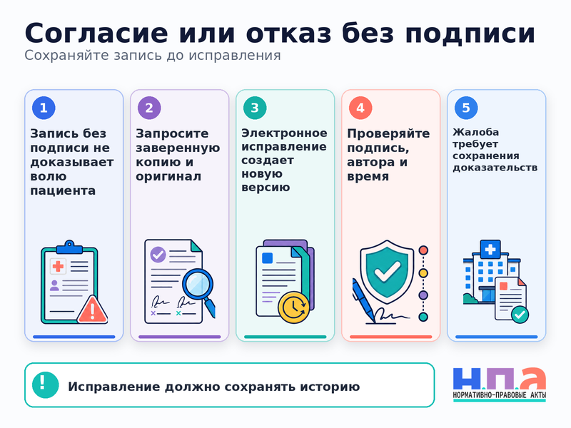 Клиника внесла в медицинскую карту согласие или отказ, которого пациент не подписывал как исправить запись