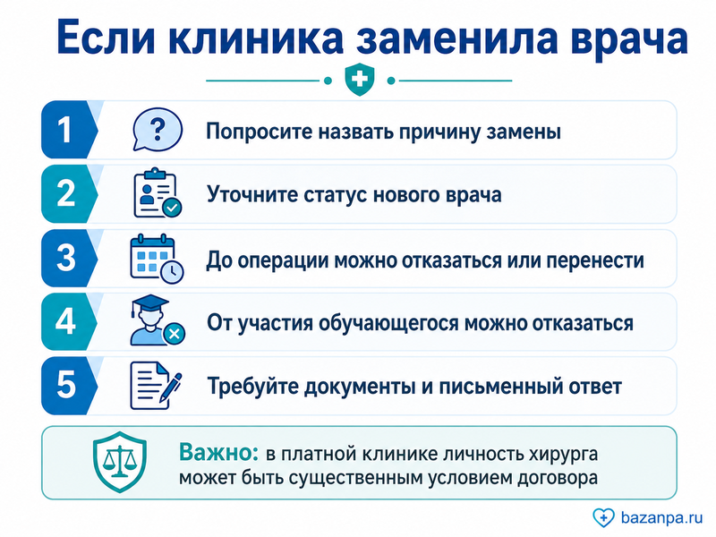Клиника заменила согласованного хирурга или лечащего врача без согласия пациента