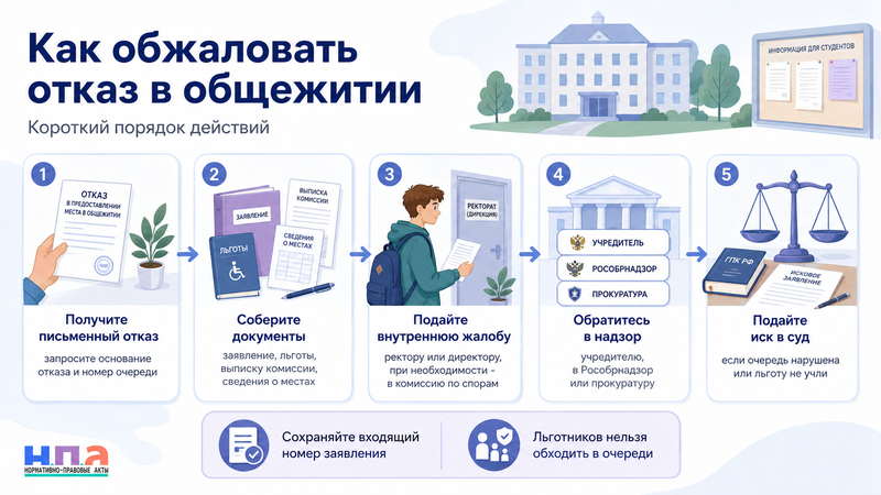Колледж или вуз отказал в предоставлении общежития в 2026 году: кто имеет преимущество и как обжаловать решение