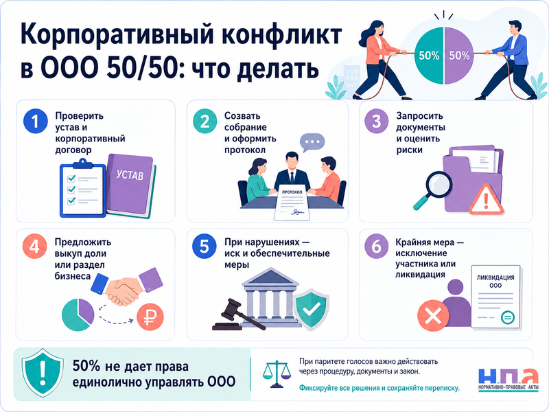 Корпоративный конфликт в ООО с долями 50 на 50 что делать, если участники блокируют решения и работу компании
