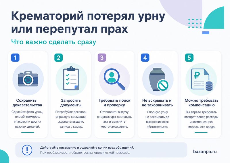 Крематорий потерял урну, перепутал прах или выдал его постороннему что делать
