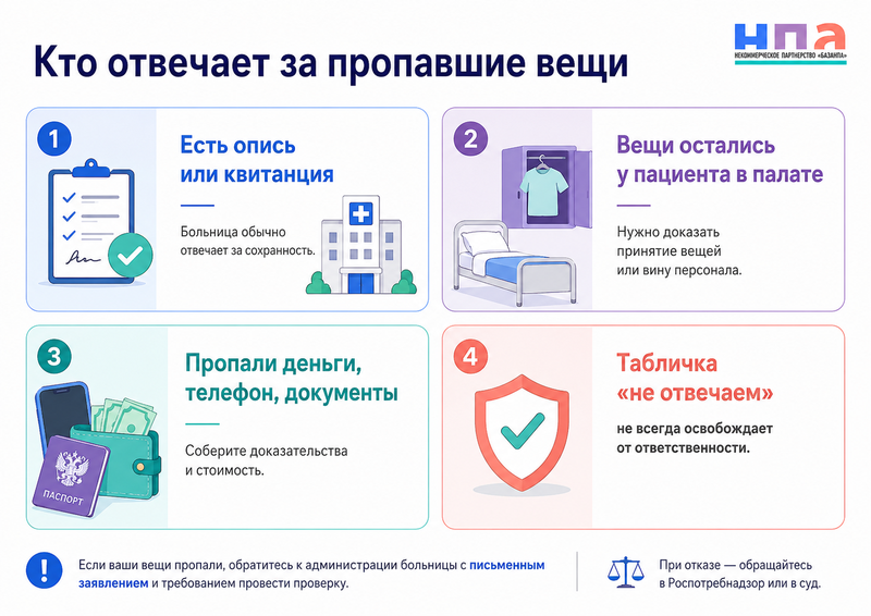 Кто отвечает за одежду, телефон, деньги и документы, пропавшие в больнице