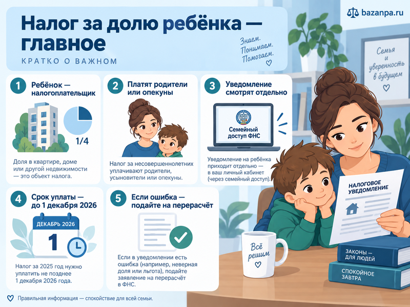 Кто платит налог за долю ребёнка в квартире в 2026 году