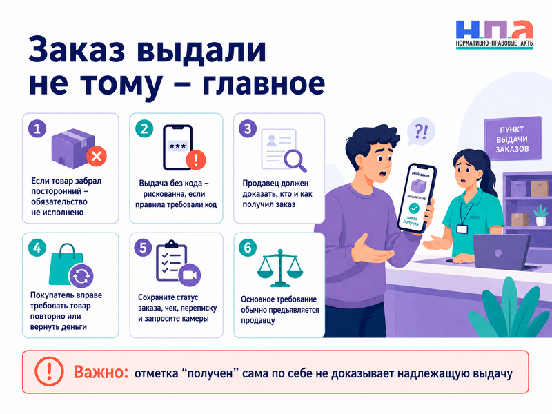 Курьер или пункт выдачи передал оплаченный заказ постороннему человеку, однофамильцу либо без кода подтверждения