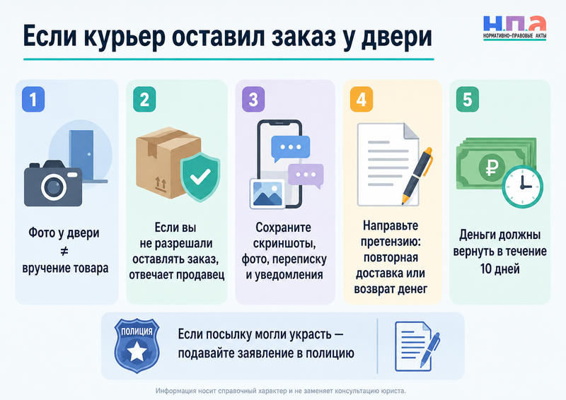 Курьер оставил заказ у двери, после чего посылка пропала кто отвечает и как вернуть деньги