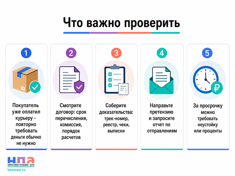 Курьерская служба получила от покупателя наложенный платеж, но не перечисляет деньги интернет-магазину или отправителю