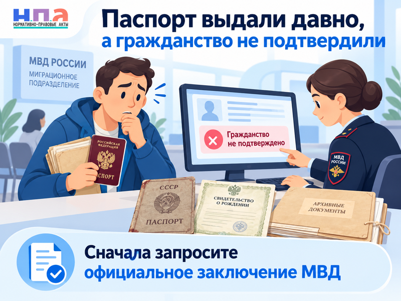 МВД не подтвердило гражданство РФ, хотя паспорт выдали много лет назад
