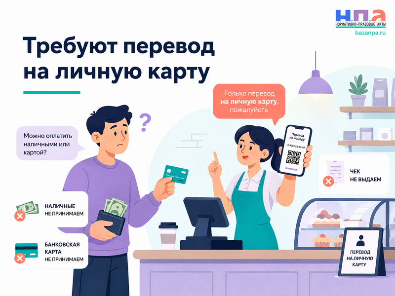 Магазин, кафе или мастер требует перевести деньги на личную карту сотрудника и отказывается принимать наличные или банковскую карту
