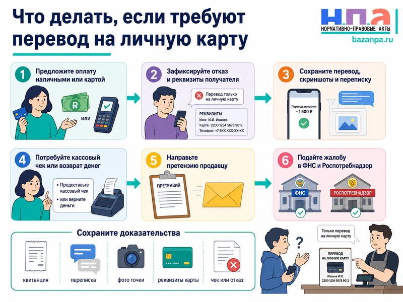Магазин, кафе или мастер требует перевести деньги на личную карту сотрудника и отказывается принимать наличные или банковскую карту