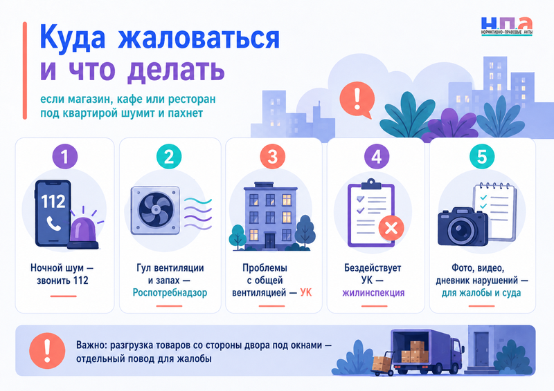 Магазин, кафе или ресторан под квартирой шумит, пахнет и разгружает товары ночью куда жаловаться