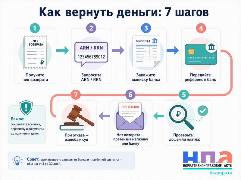 Магазин оформил возврат денег на карту, но банк не зачислил платёж