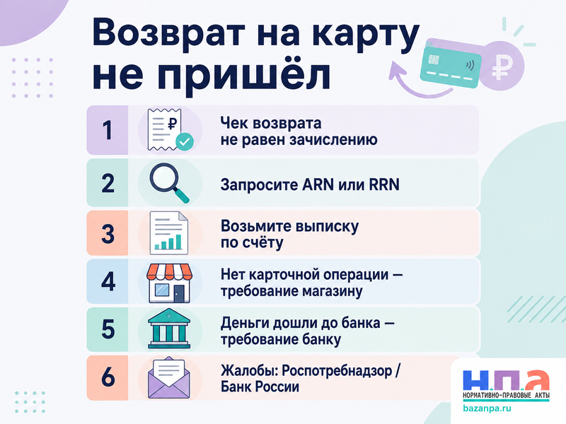 Магазин оформил возврат денег на карту, но банк не зачислил платёж