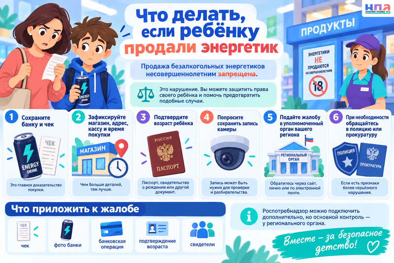 Магазин продал ребёнку энергетик - куда жаловаться