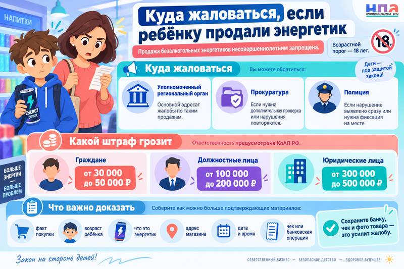 Магазин продал ребёнку энергетик - куда жаловаться