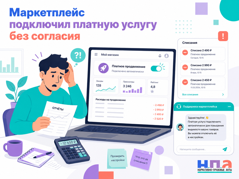 Маркетплейс автоматически подключил продавцу платное продвижение, аналитику или другую услугу и начал списывать деньги без отдельного согласия