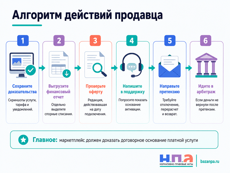Маркетплейс автоматически подключил продавцу платное продвижение, аналитику или другую услугу и начал списывать деньги без отдельного согласия