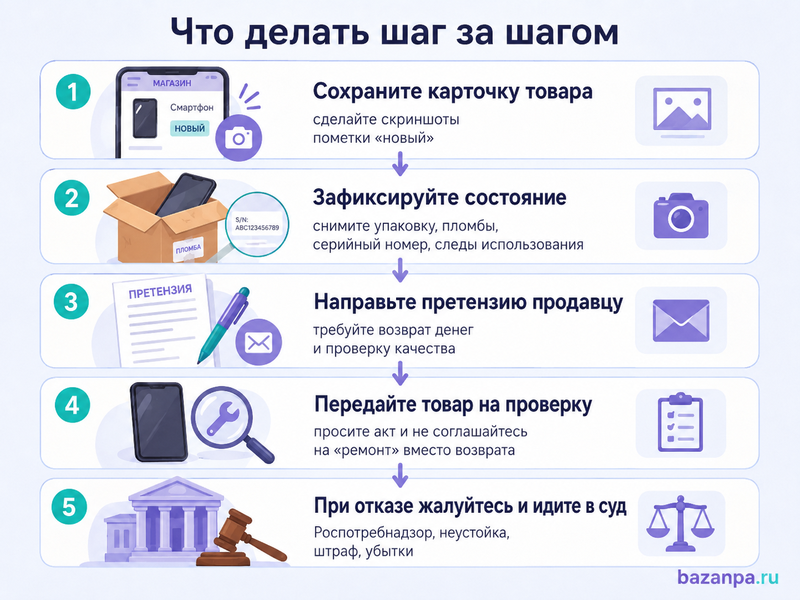 Маркетплейс или магазин продал восстановленный товар под видом нового доказательства и возврат денег