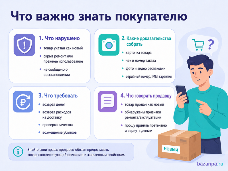 Маркетплейс или магазин продал восстановленный товар под видом нового доказательства и возврат денег