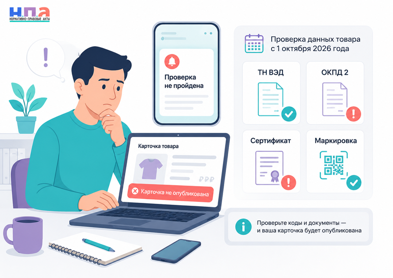 Маркетплейс не публикует карточку товара с 1 октября 2026 года коды ТН ВЭД и ОКПД 2, маркировка и сертификаты