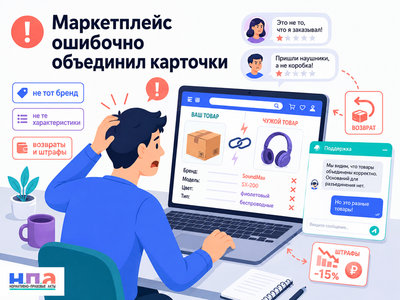 Маркетплейс ошибочно объединил карточку товара продавца с другим товаром, брендом или характеристиками