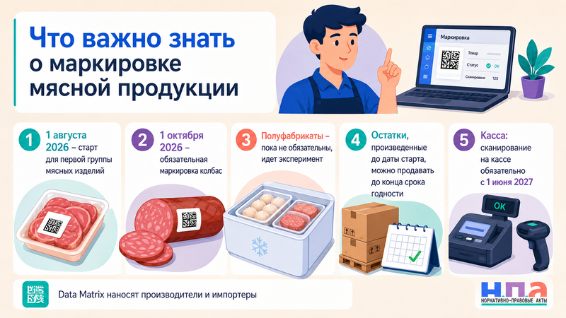 Маркировка колбас, мясных изделий и полуфабрикатов с 1 августа 2026 года коды, остатки, касса и штрафы
