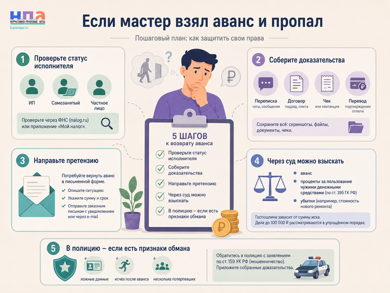 Мастер или подрядчик взял аванс и исчез как вернуть деньги и когда обращаться в полицию