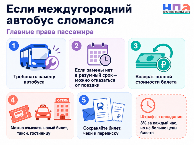 Междугородний автобус сломался во время рейса должен ли перевозчик вернуть деньги и оплатить расходы