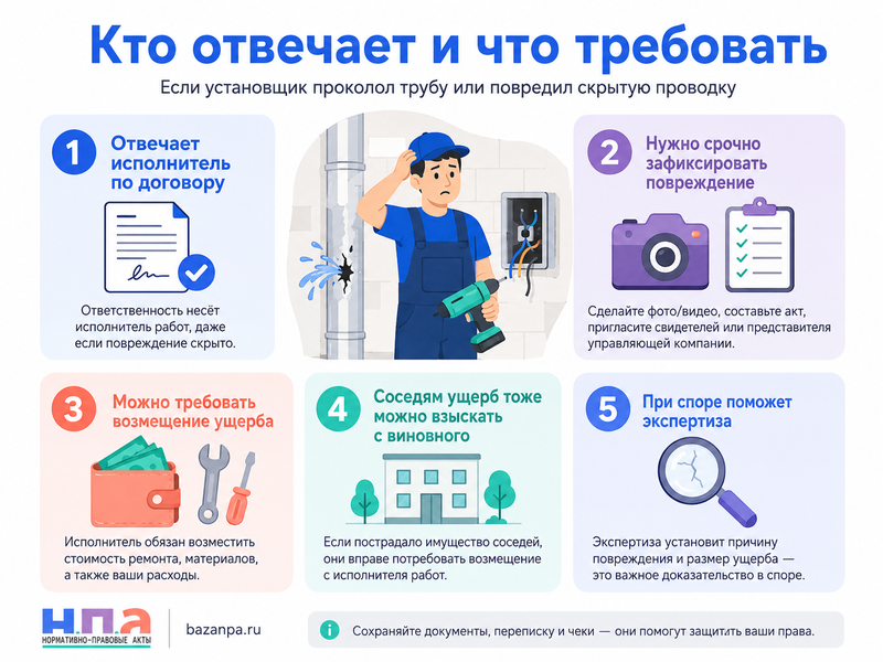 Монтажник кондиционера, кухни или бытовой техники пробил трубу либо электропроводку кто возмещает ущерб