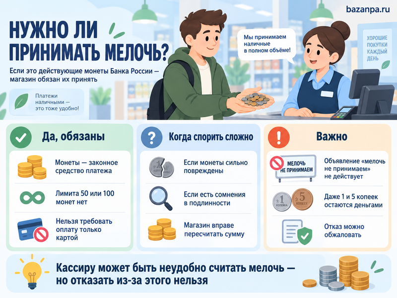 Может ли кассир отказаться принимать много мелких монет