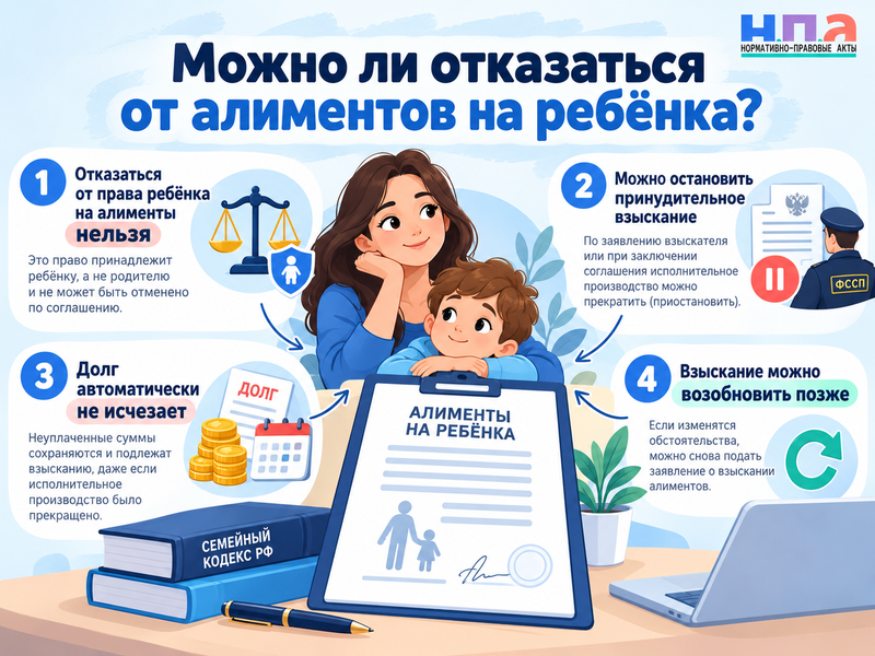 Можно ли отказаться от алиментов на ребёнка и что будет с долгом
