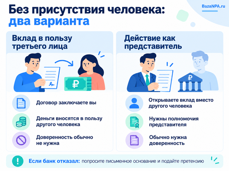 Можно ли открыть вклад на другого человека без его присутствия