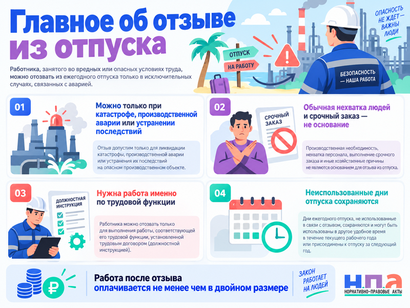 Можно ли отозвать из отпуска работника с вредными условиями из-за аварии