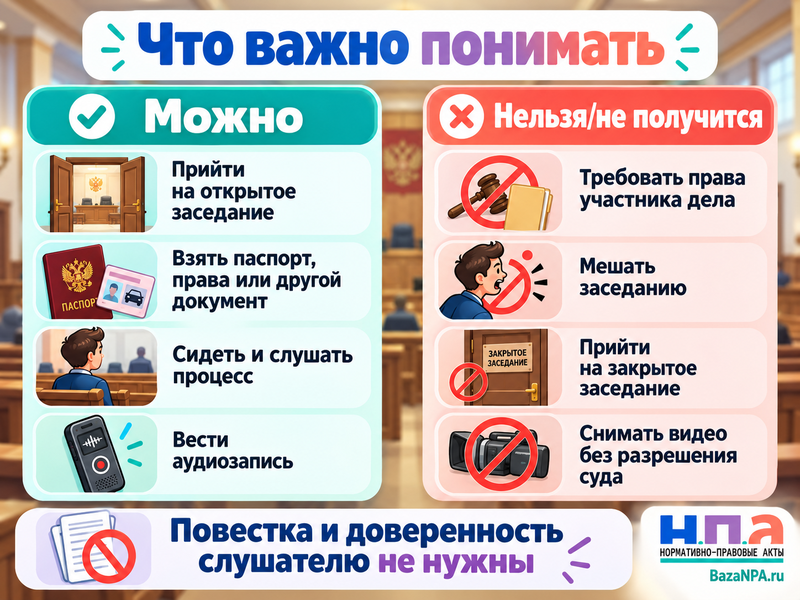 Можно ли прийти на судебное заседание слушателем без повестки