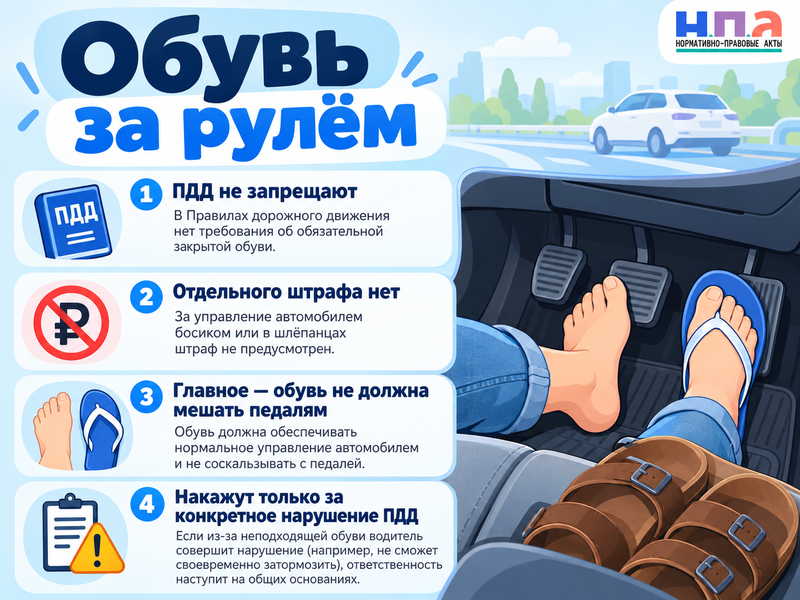 Можно ли водить машину босиком или в шлёпанцах и есть ли штраф
