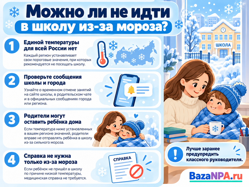 Можно ли не идти в школу из-за сильного мороза и при какой температуре