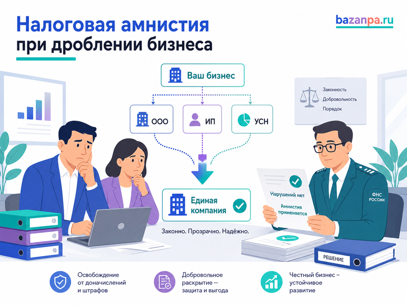 Налоговая амнистия при дроблении бизнеса в 2026 году признаки схемы, добровольный отказ и списание доначислений