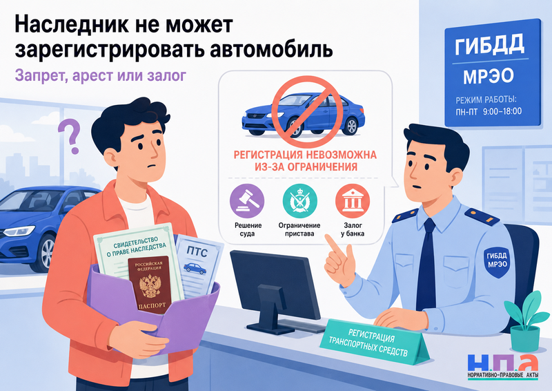 Наследник не может зарегистрировать автомобиль из-за запрета, залога или ограничений
