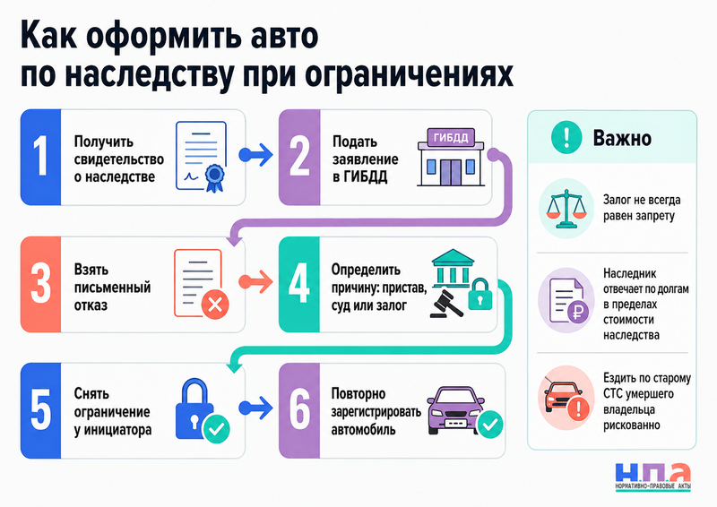 Наследник не может зарегистрировать автомобиль из-за запрета, залога или ограничений