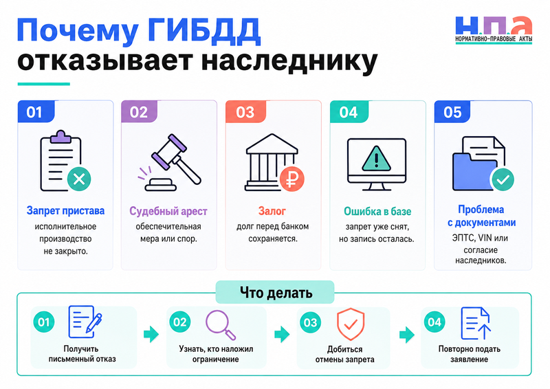 Наследник не может зарегистрировать автомобиль из-за запрета, залога или ограничений